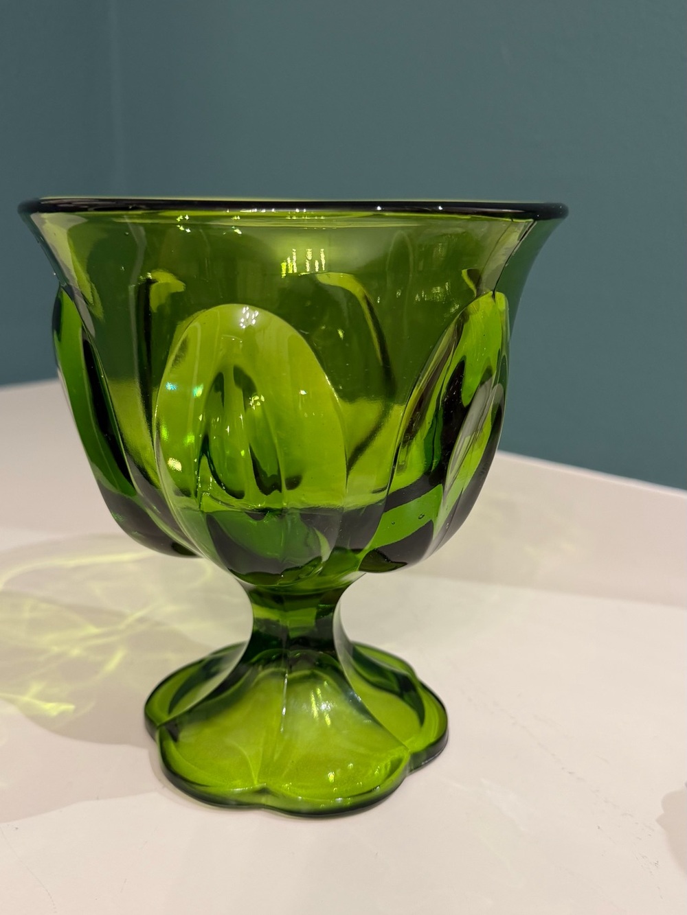 Vintage MCM Green Glass Pedestal Compote Footed Bowl Mid Century Modern